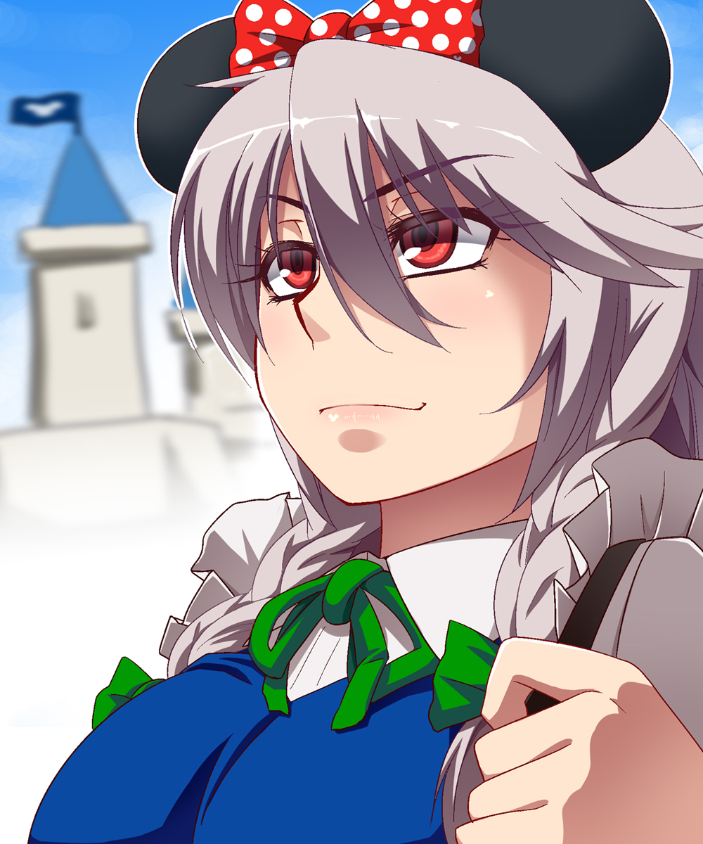 blue_sky bow braid castle closed_mouth commentary_request day flag hair_between_eyes hair_bow hayashi_custom highres izayoi_sakuya mickey_mouse_ears outdoors polka_dot polka_dot_bow portrait red_eyes silver_hair sky smile solo touhou twin_braids
