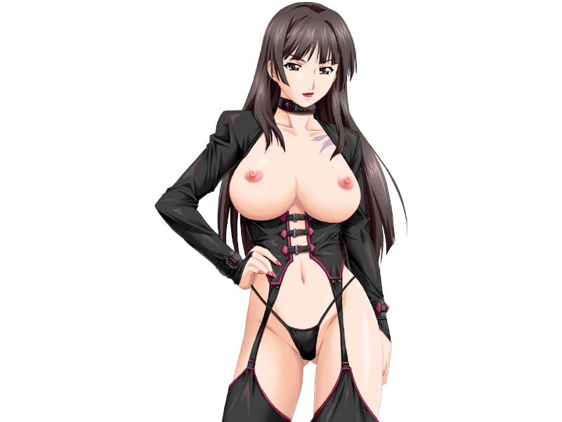 1girl areolae asaga_aoi black_hair breasts breasts_outside dominatrix game_cg hand_on_hip highres large_breasts legs lingerie long_hair looking_at_viewer navel nipples okaa-san_to_naisho okaasan_to_naisho panties simple_background smile solo standing tattoo thighs underwear yamakami_kyouko