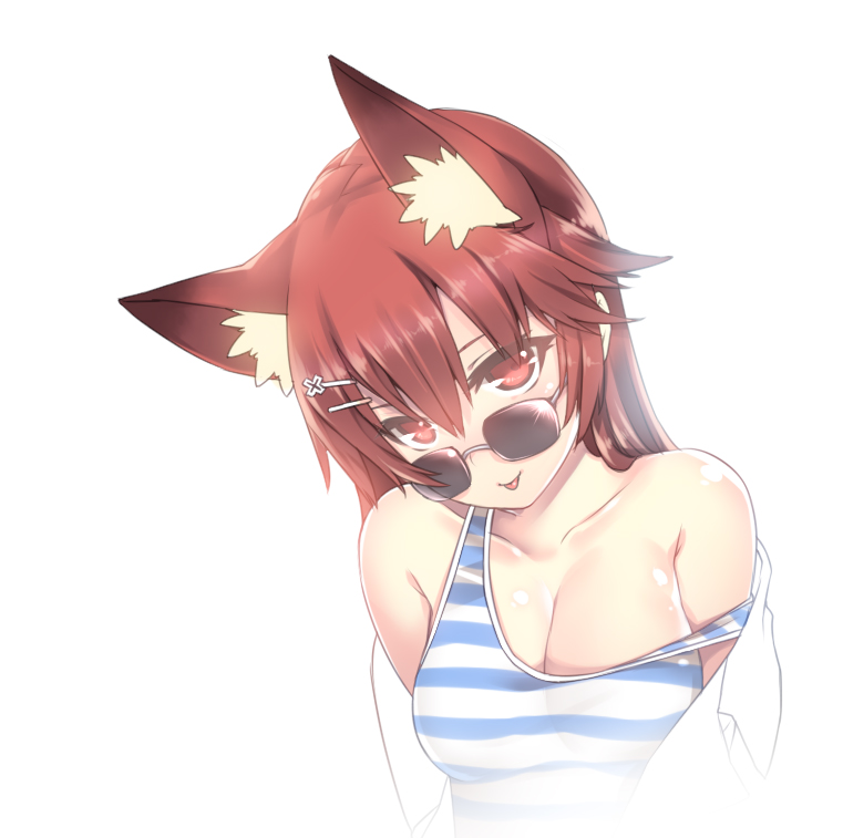 :p animal_ears bad_id bad_pixiv_id breasts brown_eyes brown_hair cleavage collarbone elesis_(elsword) elsword fox_ears hair_ornament hairclip kuro_(kuronell) long_hair medium_breasts off_shoulder simple_background smile solo striped sunglasses tank_top tongue tongue_out white_background