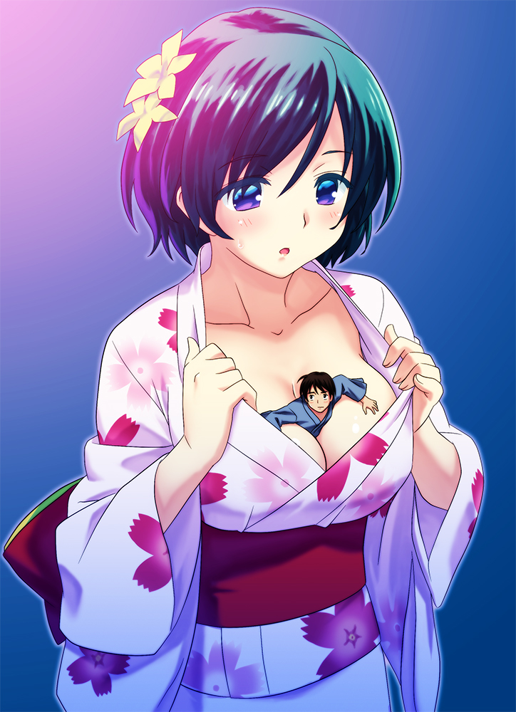 1girl :o between_breasts breasts japanese_clothes kimono miniboy open_mouth person_between_breasts short_hair teston yukata