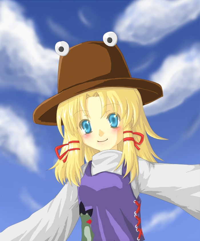 blonde_hair blue_eyes day hair_ornament hat moriya_suwako rai_(rai-s) sky solo touhou