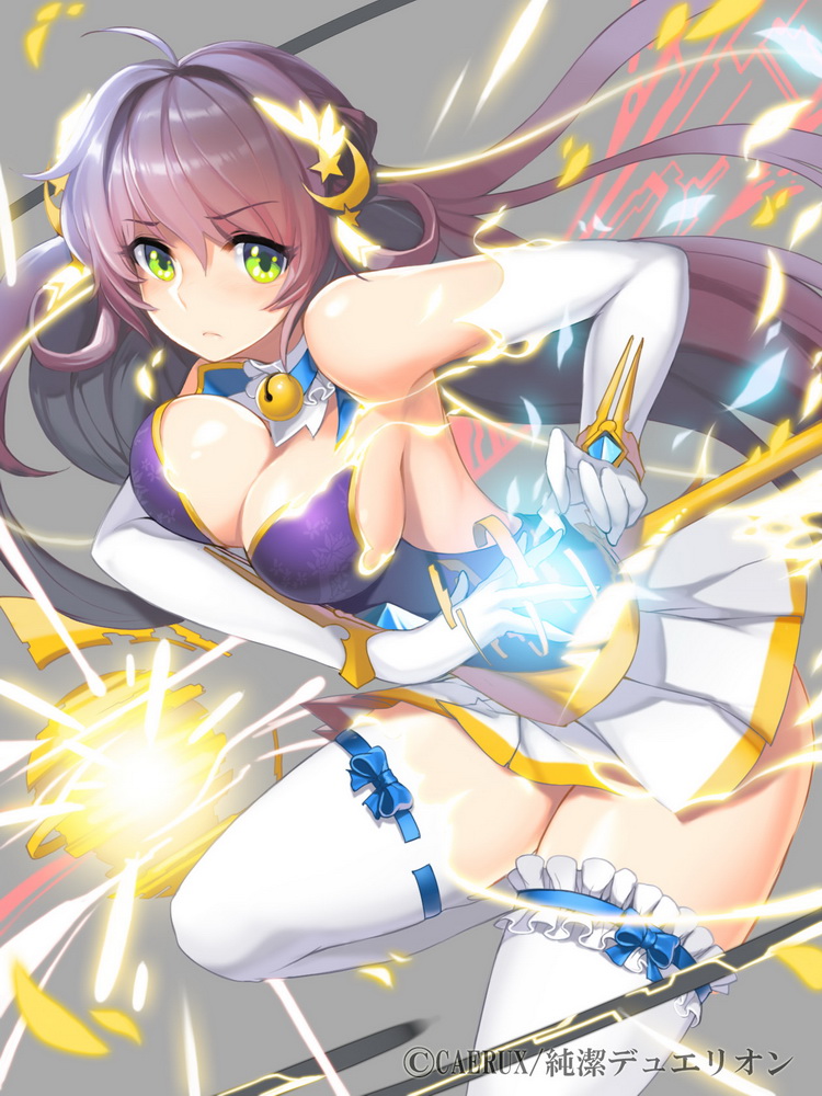 bell bell_collar breasts brown_hair character_request cleavage collar copyright_name detached_collar elbow_gloves gloves green_eyes hair_ornament junketsu_duelion large_breasts long_hair simple_background skirt snowball22 solo thighhighs watermark white_gloves white_legwear