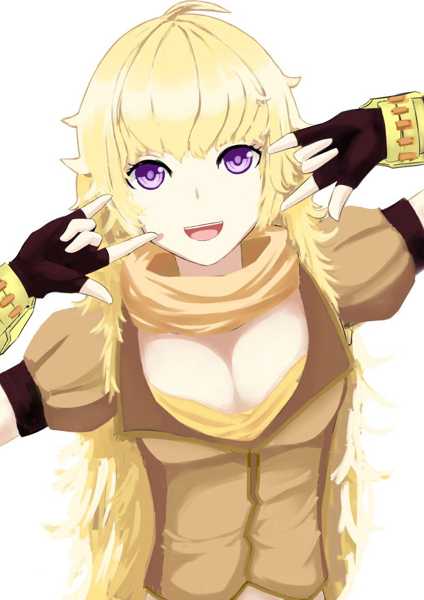 1girl blonde_hair breasts cleavage female fingerless_gloves gloves large_breasts long_hair purple_eyes rwby simple_background smile solo uezy white_background yang_xiao_long