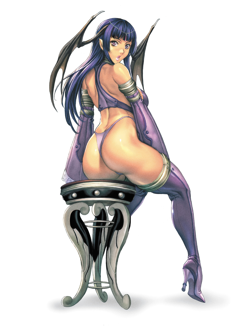 1girl ass breasts chair demon_girl head_wings high_heels homare_(fool's_art) homare_(fool's_art) looking_at_viewer pointy_ears purple_hair solo source_request succubus