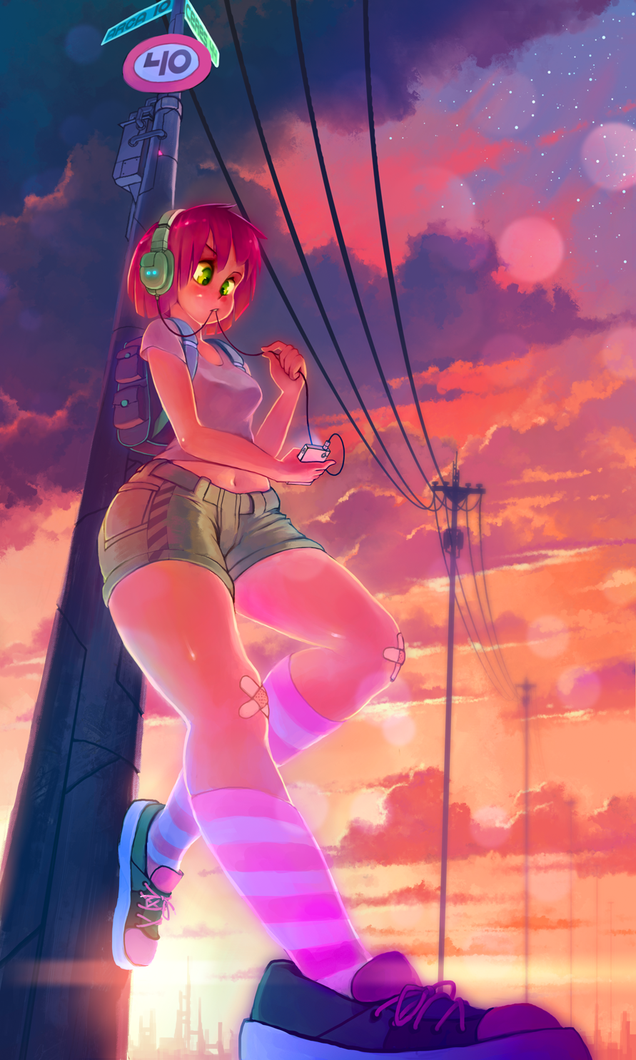 backpack bag bandaid bandaid_on_knee blush breasts cable cloud cloudy_sky digital_media_player dusk green_eyes headphones highres leaning_back medium_breasts midriff mouth_hold navel original pink_hair piper_(rtil) rtil science_fiction shoes short_hair shorts sky sneakers socks solo star_(sky) starry_sky striped striped_legwear telephone_pole