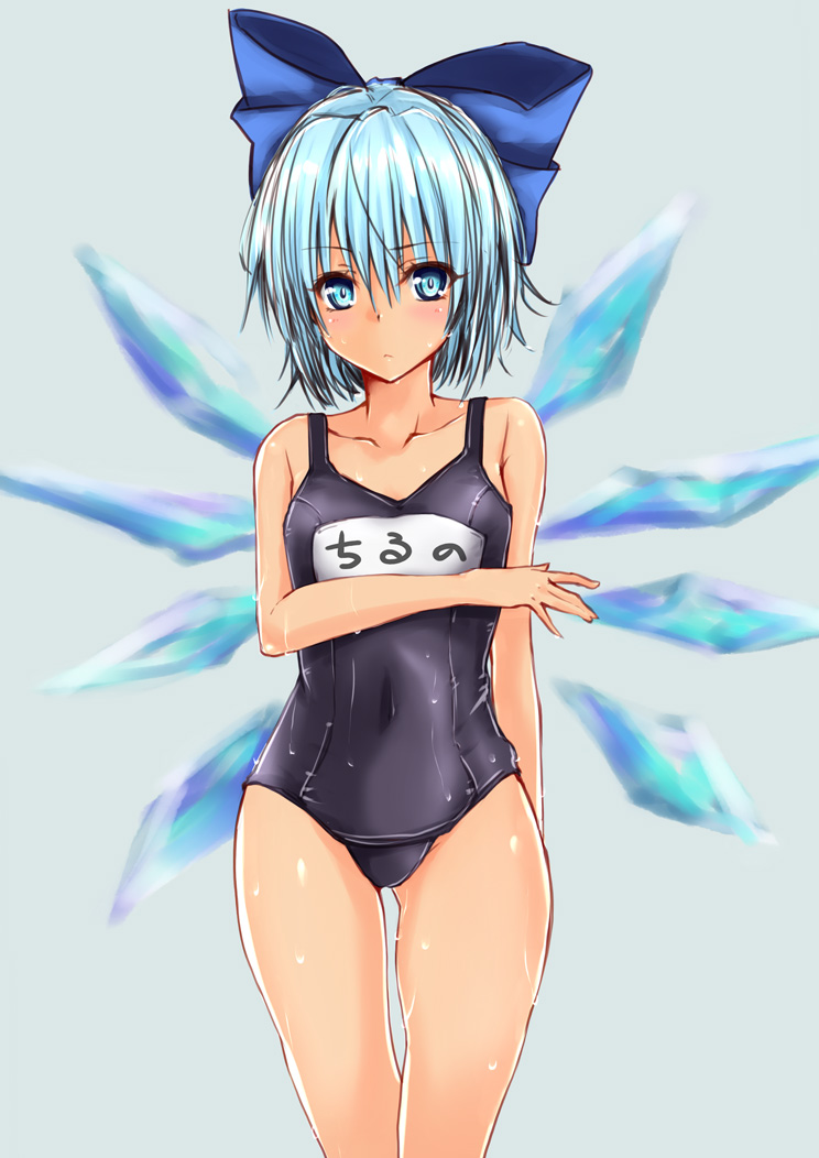 bad_id bad_pixiv_id blue_eyes blue_hair bow cirno hair_bow harino646 ice ice_wings one-piece_swimsuit ribbon school_swimsuit shiny shiny_clothes short_hair solo swimsuit touhou wet wet_clothes wings