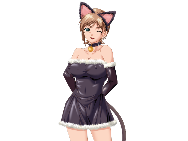 1girl animal_ears areoale arms_behind_back asaga_aoi bare_shoulders breasts brown_hair cat_ears cleavage covered_nipples erect_nipples game_cg green_eyes highres large_breasts looking_at_viewer okaa-san_to_naisho okaasan_to_naisho short_hair simple_background smile solo standing tail wink