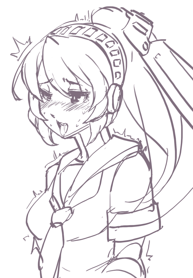 1girl android blush eu03 greyscale headphones high_ponytail labrys long_hair monochrome open_mouth persona persona_4:_the_ultimate_in_mayonaka_arena school_uniform serafuku sketch solo tears tongue tongue_out torogao trembling upper_body