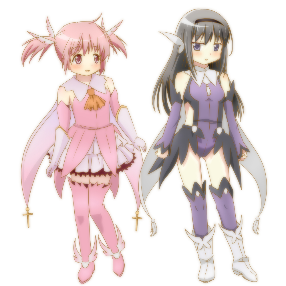 akemi_homura black_hair boots color_connection cosplay fate/kaleid_liner_prisma_illya fate_(series) feathers hair_feathers kaname_madoka long_hair magical_girl mahou_shoujo_madoka_magica miyu_edelfelt miyu_edelfelt_(cosplay) multiple_girls nayo_(acgin) parody pink_eyes pink_footwear pink_hair prisma_illya prisma_illya_(cosplay) purple_eyes short_twintails thigh_boots thighhighs twintails