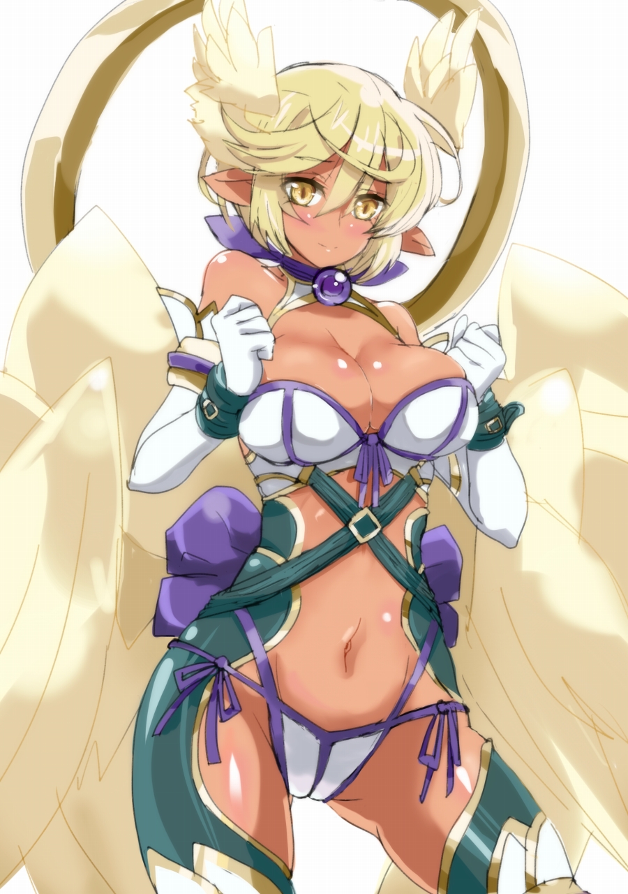 bare_shoulders blonde_hair blush body_blush breasts dark_skin elbow_gloves gloves highres jewelry large_breasts lilith_(shinrabanshou) navel oi_ke panties pointy_ears shinrabanshou shiny shiny_skin short_hair side-tie_panties skindentation slit_pupils smile solo underwear white_gloves wings yellow_eyes