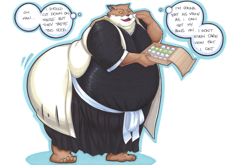 anthro bleach brown_fur candy canine clothing english_text fur grow growing growth looking_at_viewer male mammal muscles open_mouth overweight pecs pose prisonsuit-rabbitman sajin_komamura sequence shinigami smile solo text wolf yellow_eyes