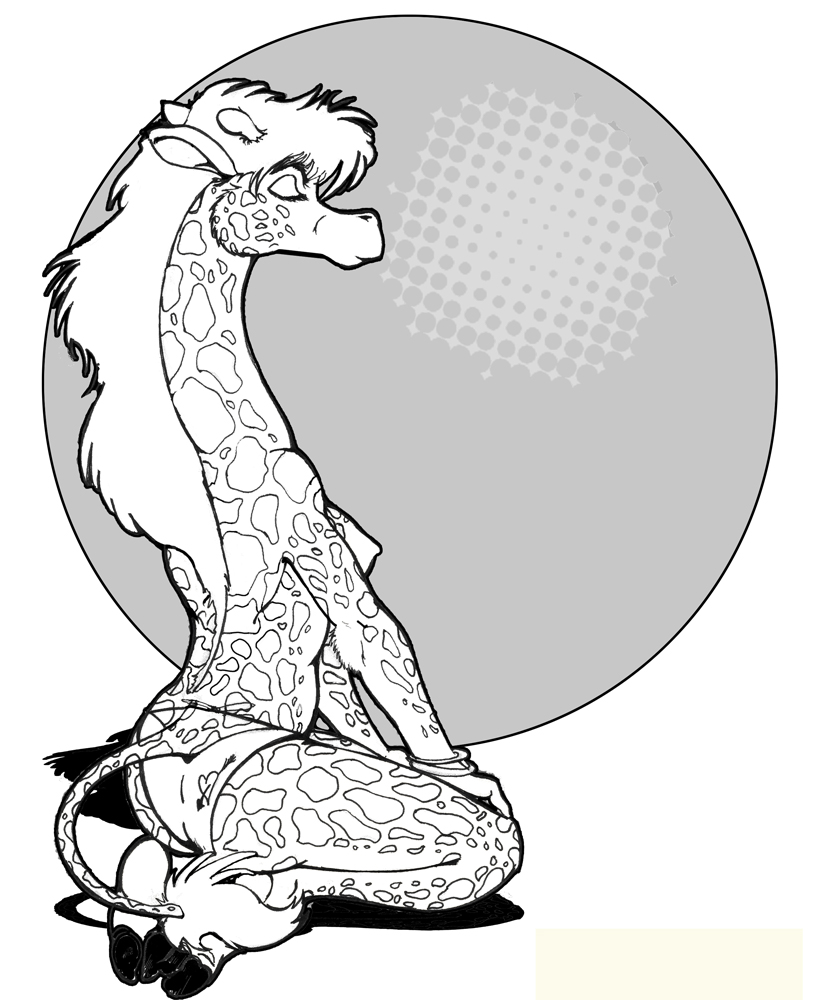 breasts eyes_closed female fur giraffe greyscale hooves kneeling long_neck mammal mane monochrome nipples solo spots swimsuit tail_tuft thatwhitefox topless tuft