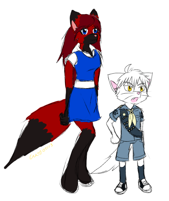 alpha_channel anthro black_fur blue_eyes canine clothing cre&lt;3 crossgender dress duo feline female fur male mammal red_fur rydian scout scriptkitten shorts size_difference sketch white_fur yellow_eyes young