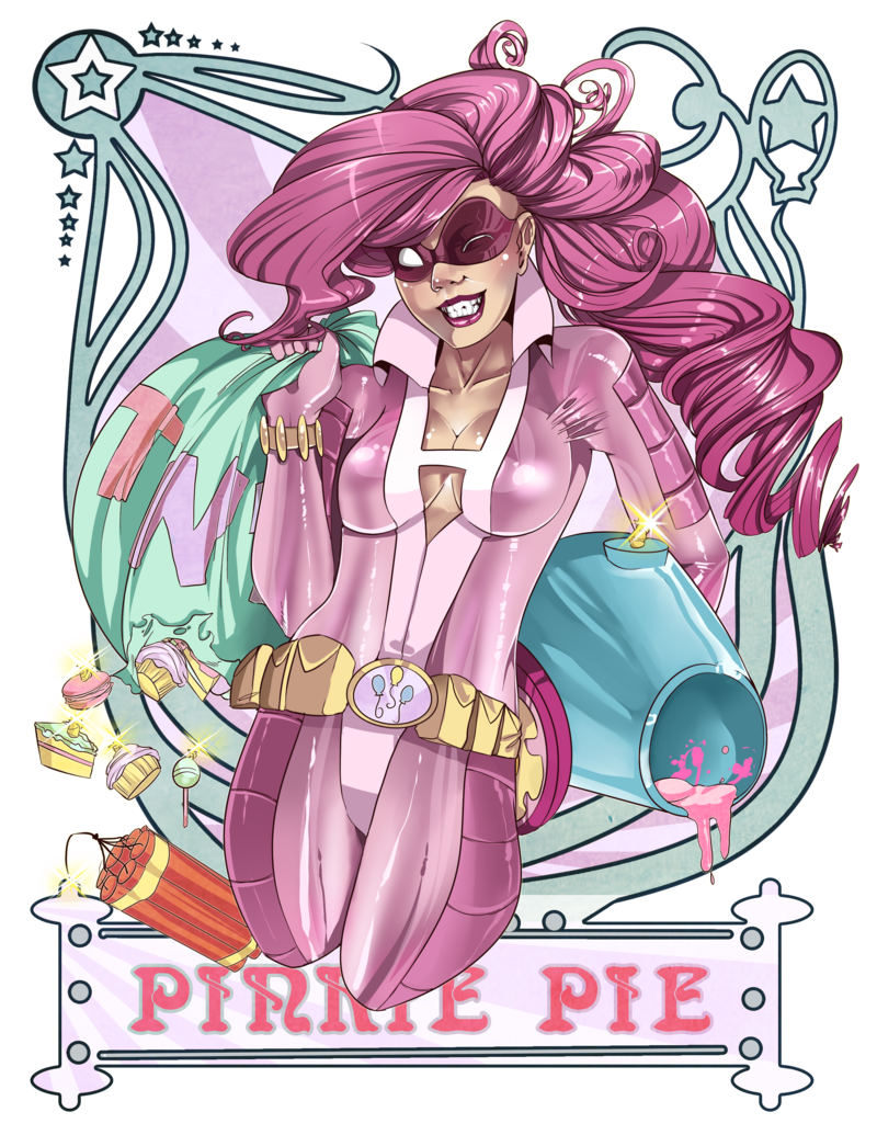 bag belt breasts cake cannon clothed clothing cutie_mark dynamite english_text female food friendship_is_magic hair human humanized mammal mask milkydayy my_little_pony one_eye_closed pink_hair pinkie_pie_(mlp) solo text wink