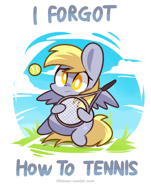 ball blonde_hair chubby cloud clouds cutie_mark derpy_hooves_(mlp) english_text equine female feral friendship_is_magic frown fur grass grey_fur hair horse lifeloser long_hair looking_at_viewer mammal my_little_pony outside pegasus pony sky solo tennis tennis_ball tennis_racquet text wings yellow_eyes