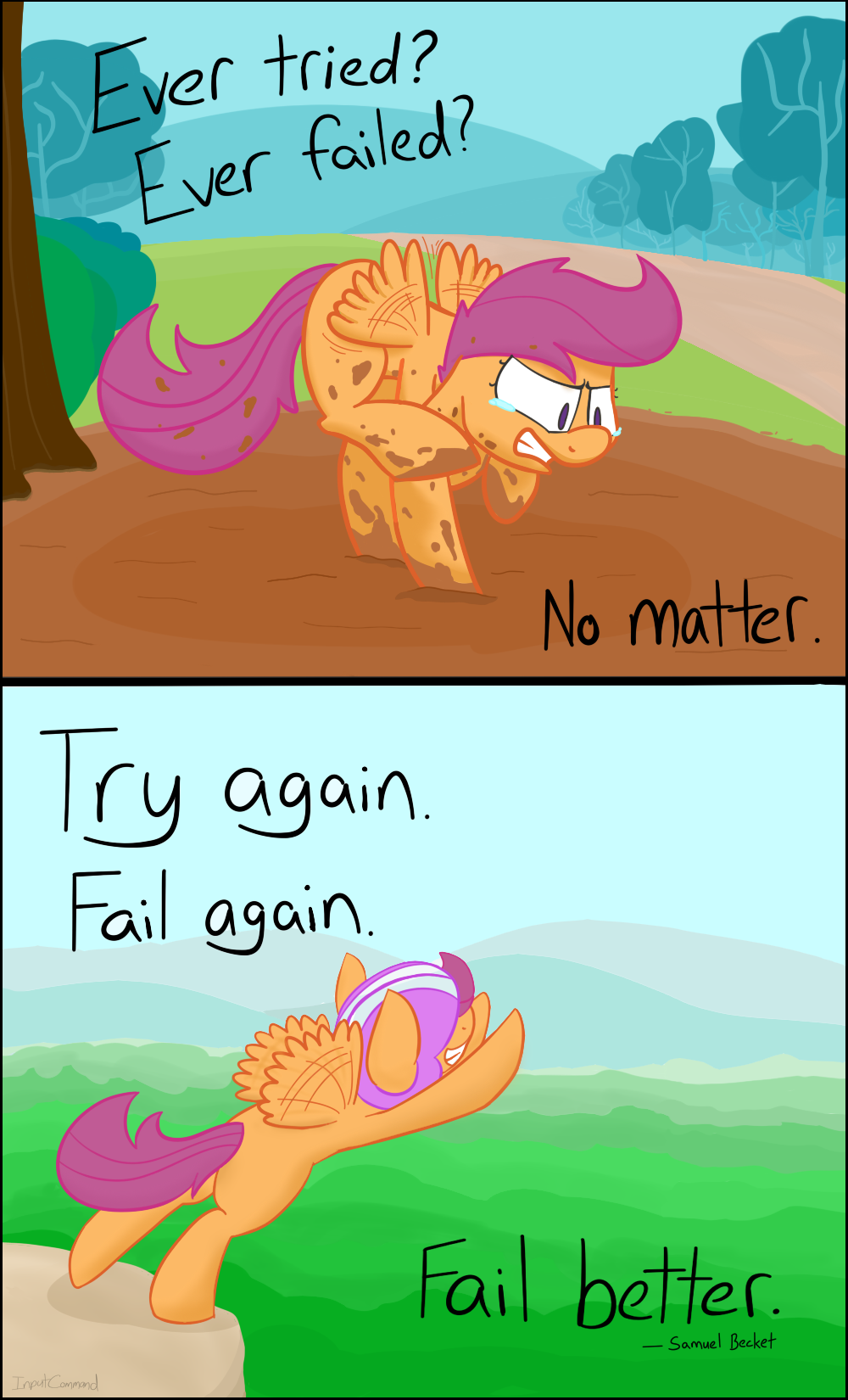 cliff comic cub dialog emotional english_text equine female feral forest friendship_is_magic frown fur hair helmet horse input-command inspirational jumping mammal mountain mud my_little_pony open_mouth orange_fur outside pegasus pony purple_eyes purple_hair scootaloo_(mlp) sky smile solo tears teeth text tree wings young