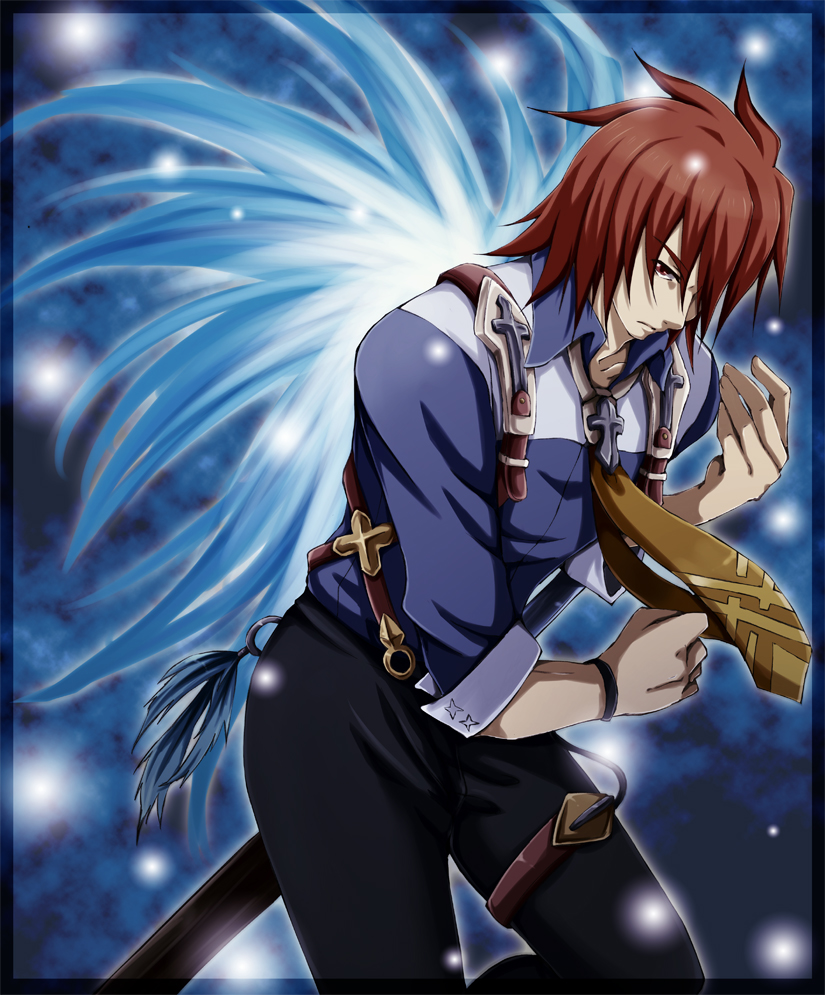 bad_id bad_pixiv_id blue_background cosplay kanae_riouka kratos_aurion ludger_will_kresnik ludger_will_kresnik_(cosplay) male_focus necktie pants red_eyes red_hair solo spoilers suspenders tales_of_(series) tales_of_symphonia tales_of_xillia tales_of_xillia_2 wings