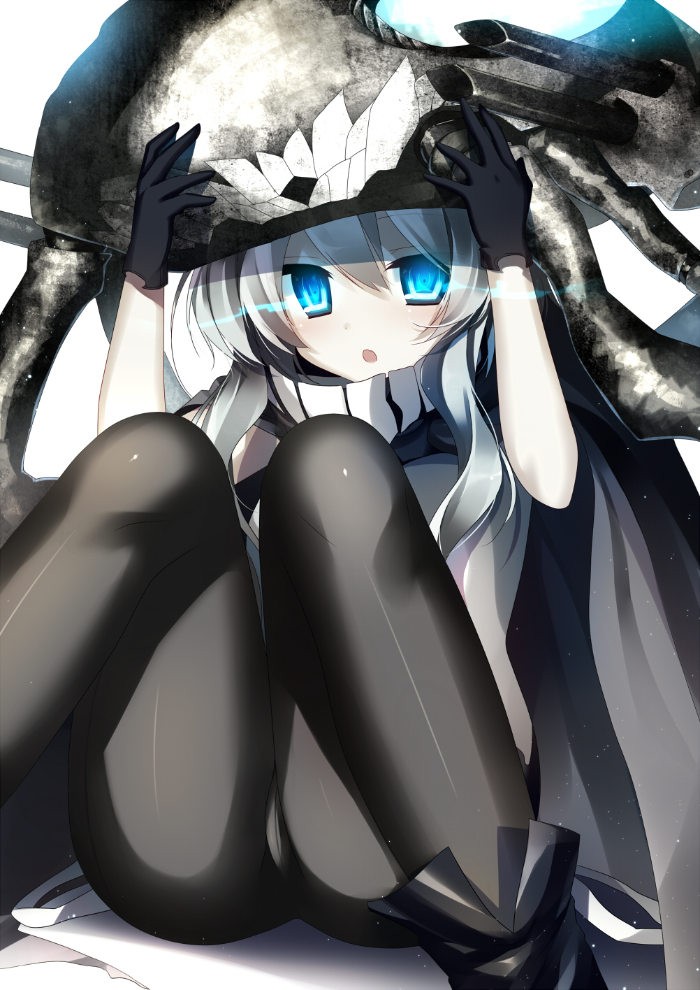 bad_id bad_pixiv_id black_legwear blue_eyes bodysuit cape gloves glowing glowing_eyes highres kantai_collection long_hair looking_at_viewer monster open_mouth pale_skin pantyhose shinkaisei-kan silver_hair solo wo-class_aircraft_carrier yoruneko
