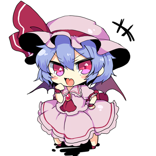 ascot bat_wings blue_hair brooch chibi fang hand_on_hip hat hat_ribbon jewelry lowres mob_cap open_mouth paragasu_(parags112) pink_eyes puffy_sleeves remilia_scarlet ribbon shirt short_sleeves simple_background skirt skirt_set solo touhou white_background wings wrist_cuffs