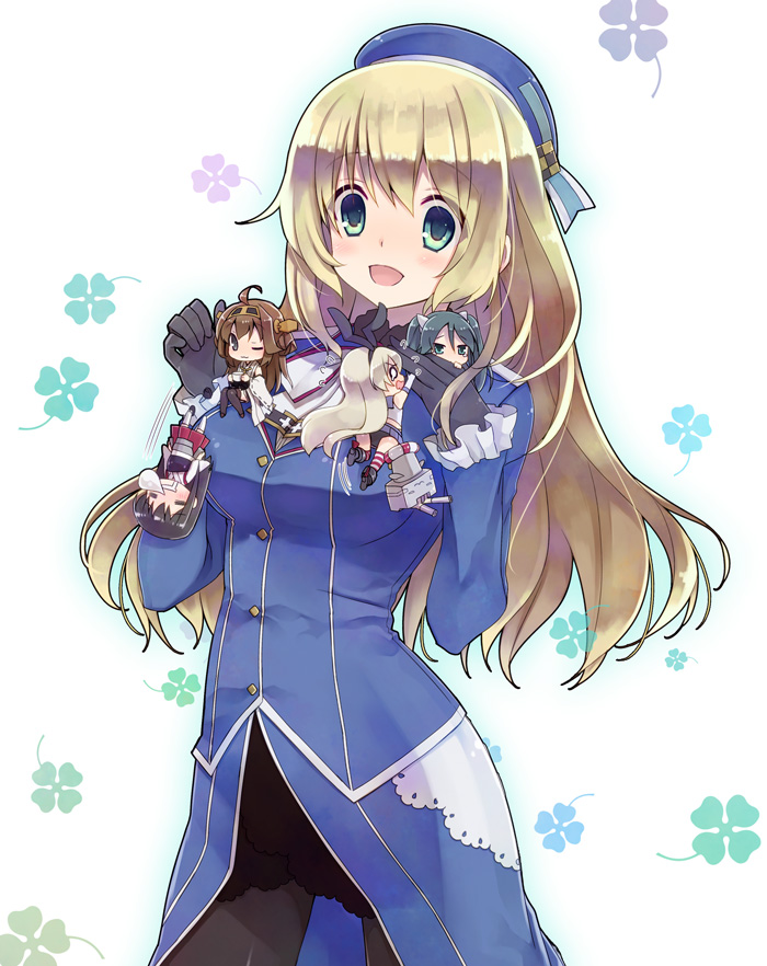 :d ;3 ahoge akagi_(kantai_collection) atago_(kantai_collection) black_gloves black_legwear blonde_hair breasts brown_hair chibi closed_eyes clover cup detached_sleeves elbow_gloves falling four-leaf_clover gloves green_eyes hairband hat japanese_clothes kantai_collection kongou_(kantai_collection) lifebuoy long_hair medium_breasts military military_uniform minigirl multiple_girls muneate nose_bubble open_mouth pantyhose rensouhou-chan shimakaze_(kantai_collection) sleeping smile souryuu_(kantai_collection) striped striped_legwear tahya teacup twintails uniform