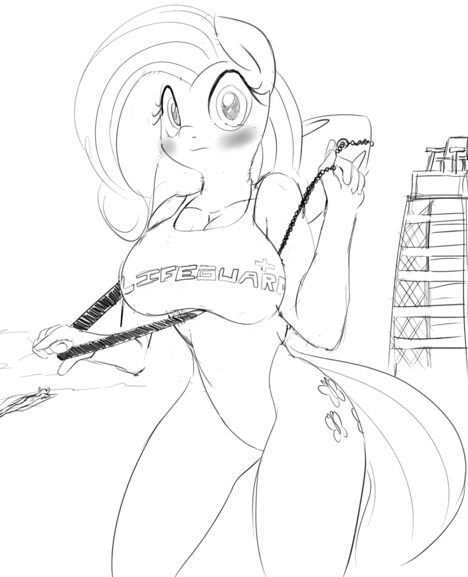 anthrofied beach big_breasts blush breasts chair cleavage clothed clothing cutie_mark equine female fluttershy_(mlp) friendship_is_magic hair horn horse lifeguard looking_at_viewer lying mammal monochrome my_little_pony on_stomach one-piece_swimsuit outside pony rescue_tube seaside standing swimsuit water zev
