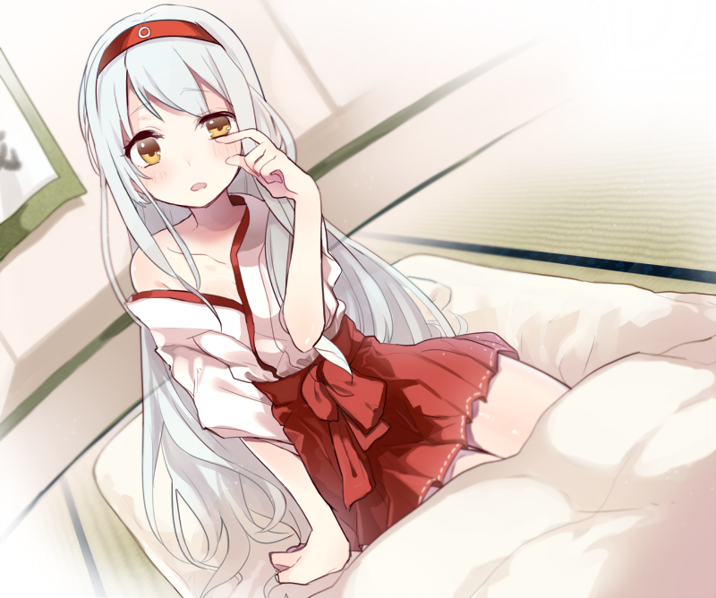 blush futon hairband japanese_clothes kantai_collection long_hair looking_at_viewer manio off_shoulder shoukaku_(kantai_collection) silver_hair skirt solo yellow_eyes