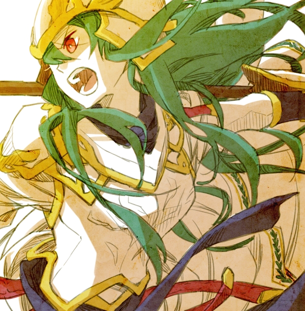 armor armored_dress athena_(p&amp;d) bad_id bad_pixiv_id breastplate green_hair helmet long_hair madocca open_mouth polearm puzzle_&amp;_dragons red_eyes solo spear weapon