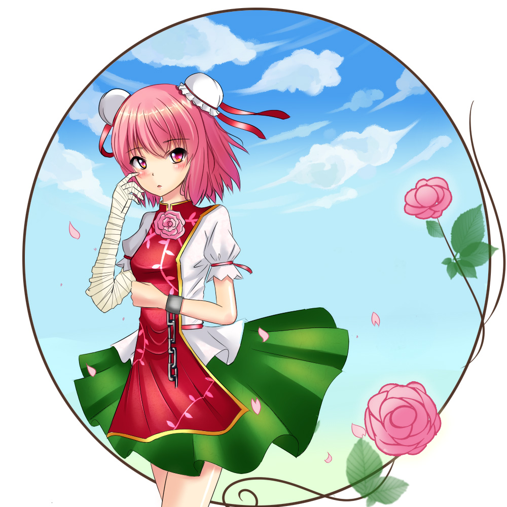 :o bandages blouse blue_sky chain clenched_hand cloud cuffs double_bun finger_to_face flower huihui_langwaipo ibaraki_kasen leaf looking_at_viewer petals pink_eyes pink_flower pink_hair pink_rose puffy_short_sleeves puffy_sleeves rose shackles short_hair short_sleeves skirt sky solo tabard touhou wind