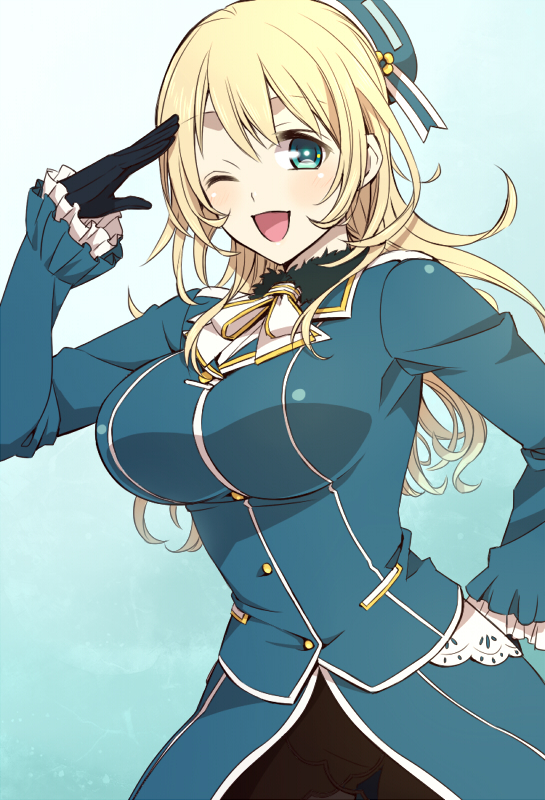atago_(kantai_collection) black_gloves blonde_hair breasts gloves gradient gradient_background green_eyes hand_on_hip hat kantai_collection large_breasts long_hair looking_at_viewer military military_uniform one_eye_closed open_mouth pantyhose potato_(oriha94) salute smile solo uniform