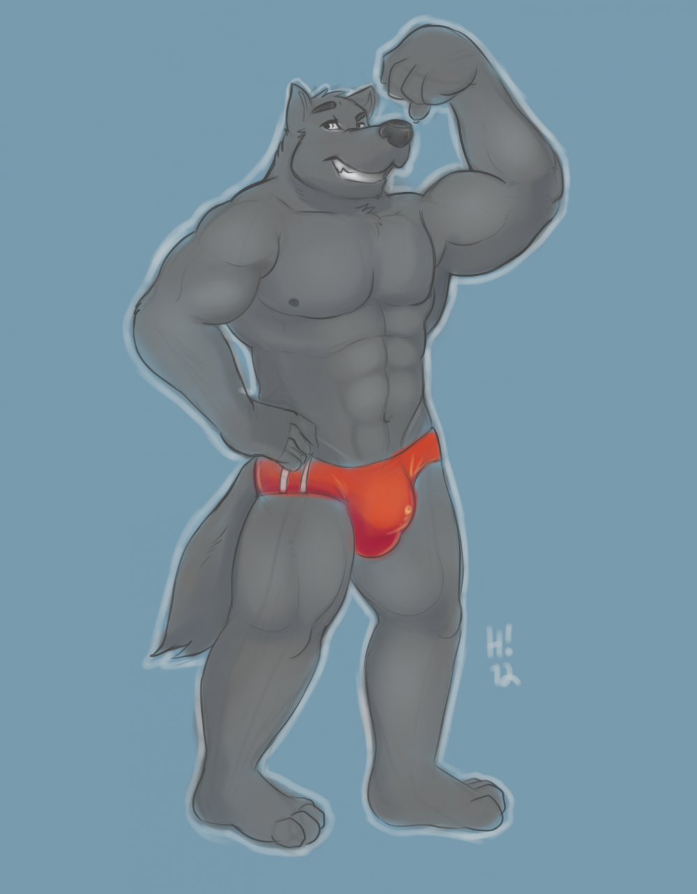 abs anthro biceps black_nose bulge canine clothing fangs flexing fur grey_fur grin horrorbuns looking_at_viewer male mammal muscles nipples pecs pose smile solo standing teeth topless underwear wolf