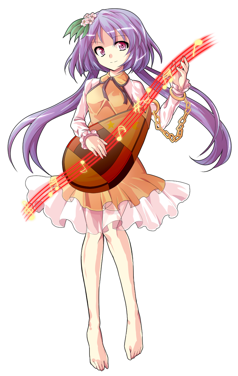 alphes_(style) barefoot biwa_lute bracelet brown_dress chain dairi dress flower full_body hair_flower hair_ornament highres instrument jewelry long_hair long_sleeves looking_at_viewer lute_(instrument) musical_note parody purple_eyes purple_hair smile solo style_parody touhou transparent_background tsukumo_benben twintails very_long_hair