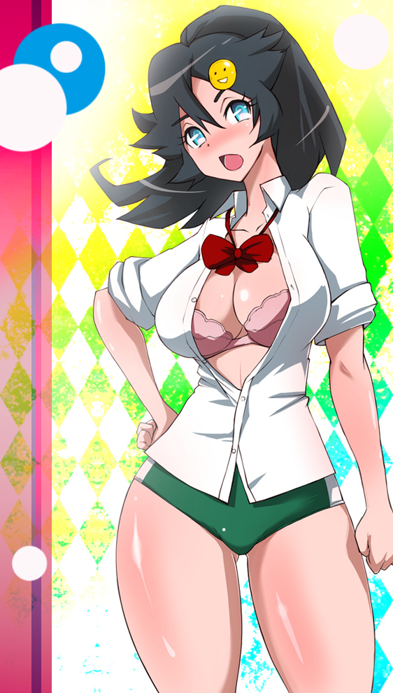 black_hair blue_eyes blush bow bra breasts buruma contrapposto curvy hair_ornament hand_on_hip large_breasts open_clothes open_mouth open_shirt pink_bra ponytail shirt solo standing thick_thighs thighs underwear yunioshi