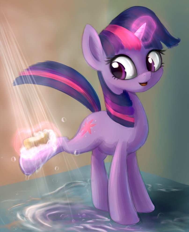 cutie_mark equine female feral friendship_is_magic hair horn horse long_hair looking_back magic mammal multi-colored_hair my_little_pony pony purple_eyes shower smile soap sokolas solo twilight_sparkle_(mlp) unicorn washing water