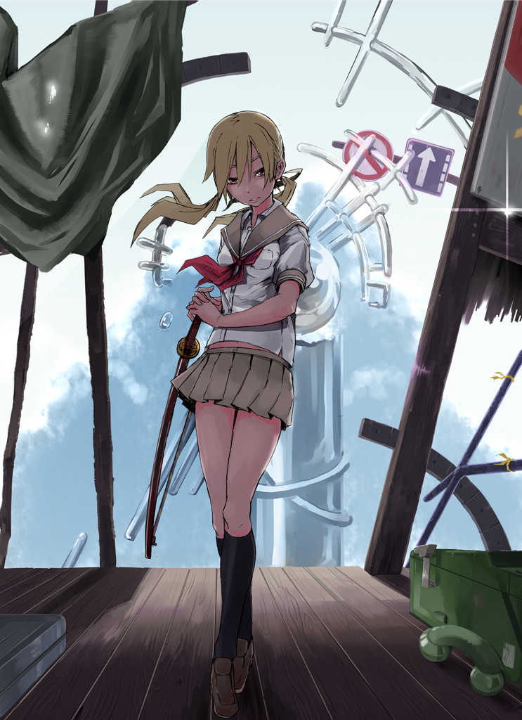 blonde_hair cavo cloud crossed_legs directional_arrow flat_chest katana kneehighs legs loafers long_hair midriff miniskirt original phone pleated_skirt red_eyes road_sign school_uniform serafuku sheath shoes sign skirt sky smile solo standing sword thigh_gap tower watson_cross weapon wind