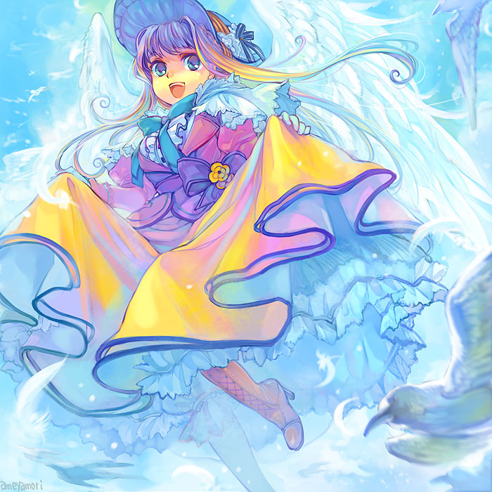 ame_yamori angel_wings bad_id bad_pixiv_id bird blue_eyes boots dress feathers frills hat long_hair original solo wings