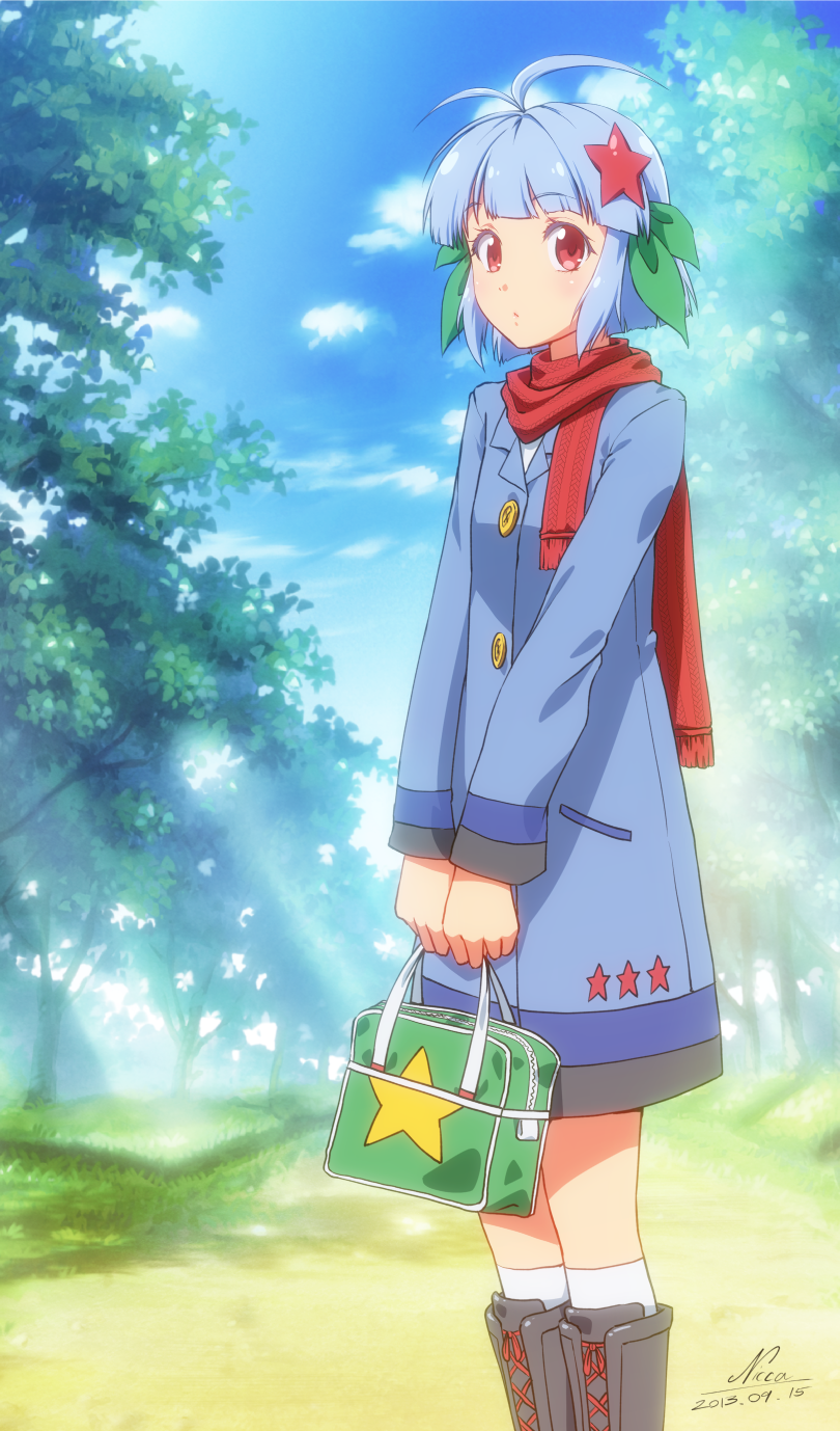 antenna_hair bag blue_hair blue_sky boots cloud coat dated day hair_ornament hair_ribbon highres looking_at_viewer nicca_(kid_nicca) original red_eyes red_scarf ribbon scarf signature sky socks solo star star_hair_ornament tree