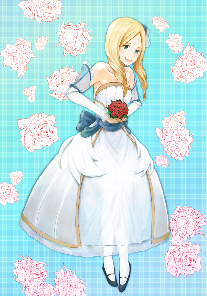 :d alternate_costume bad_feet bangs bare_shoulders birthmark blonde_hair blue_background bouquet bubble_skirt detached_sleeves dress drill_hair emerina fire_emblem fire_emblem:_kakusei flower frills full_body green_eyes happy holding long_dress long_hair looking_at_viewer mary_janes open_mouth pantyhose parted_bangs pigeon-toed pink_flower pink_rose plaid plaid_background red_flower red_rose ribbon rose sash see-through shoes skirt smile solo standing teeth wedding_dress white_legwear