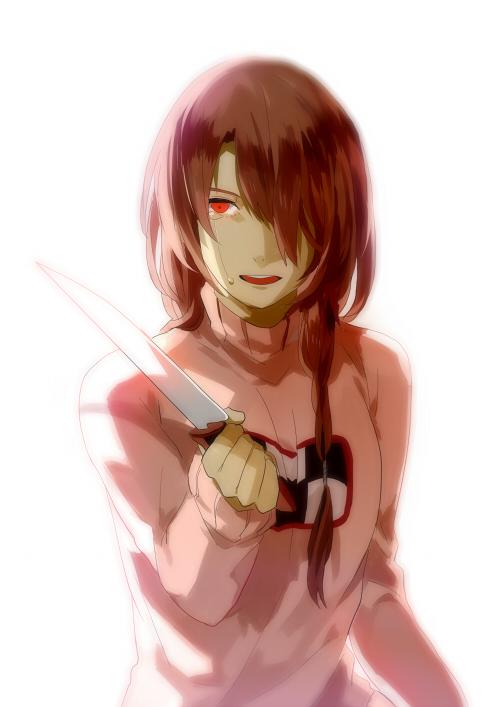 braid brown_hair getiao hair_over_one_eye hair_over_shoulder holding knife long_hair madotsuki open_mouth pink_shirt red_eyes shirt simple_background solo sweater tears turtleneck twin_braids twintails white_background yume_nikki