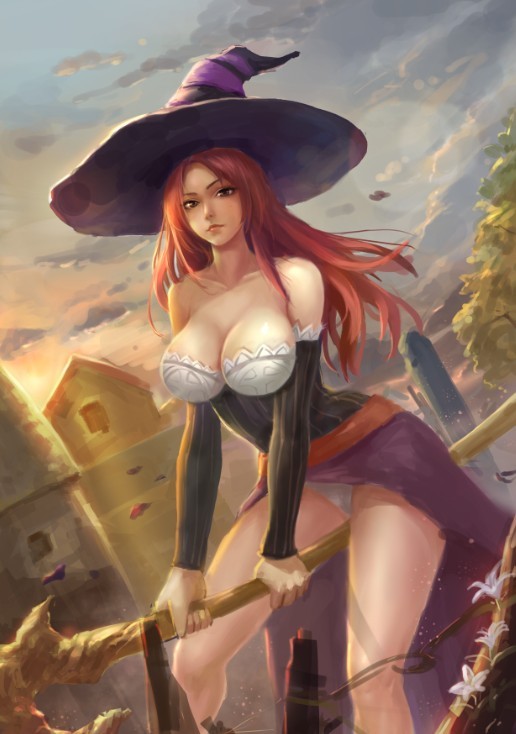bare_shoulders breasts brown_hair detached_sleeves dragon's_crown evening hat lalan_fengchu large_breasts lens_flare lips long_hair panties riding solo sorceress_(dragon's_crown) staff underwear white_panties witch_hat