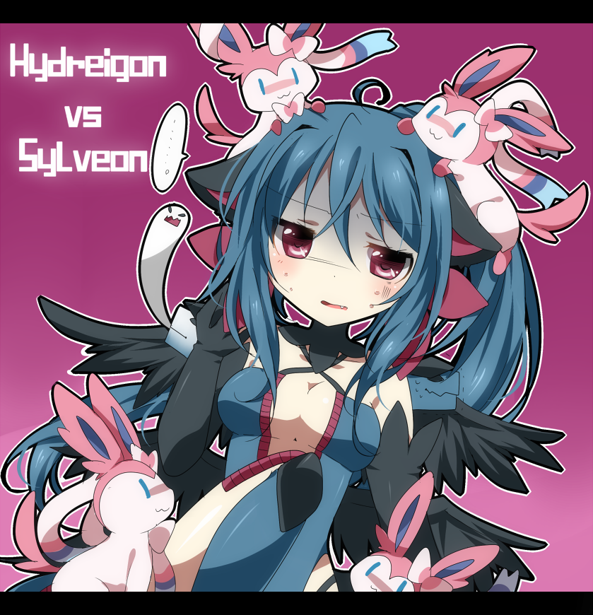 1girl :3 black_gloves blue_hair breasts character_name cleavage clone elbow_gloves fang gen_5_pokemon gen_6_pokemon ghost giving_up_the_ghost gloves hydreigon kawaguchi long_hair medium_breasts personification pokemon pokemon_(creature) purple_eyes speech_bubble sylveon