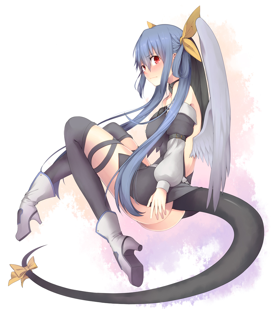 angel_wings asymmetrical_wings bare_shoulders black_legwear blue_hair blush boots bow choker detached_sleeves dizzy feathers guilty_gear hair_bow lauqe long_hair red_eyes ribbon solo tail tail_ribbon thighhighs twintails wings