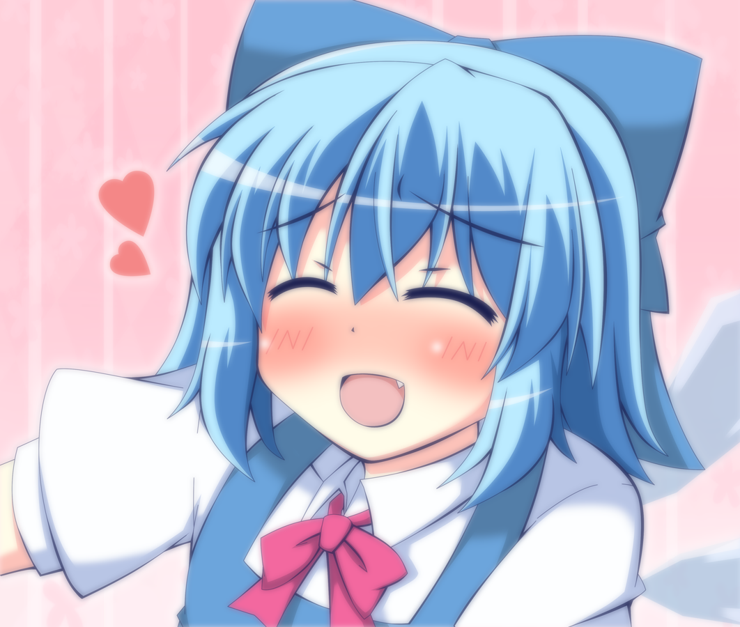 :d blue_dress blue_hair bow cirno closed_eyes dress fang hair_bow heart ice ice_wings masiromu open_mouth pink_background shirt short_sleeves smile solo striped striped_background touhou upper_body wings