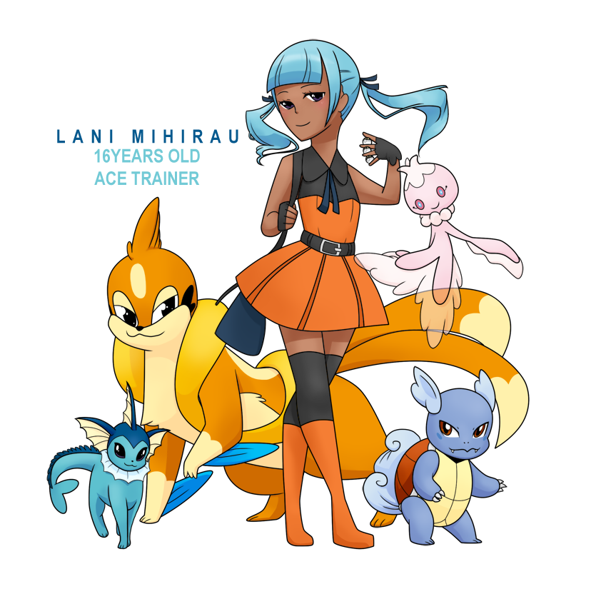 :3 ace_trainer_(pokemon) bad_anatomy bangs belt blue_hair blunt_bangs boots brown_eyes character_name commentary dark_skin eeveelution_project fingerless_gloves floatzel frillish gen_1_pokemon gen_4_pokemon gen_5_pokemon gloves knee_boots lani_mihirau looking_at_viewer loony_bear multiple_tails original poke_ball pokemon pokemon_(creature) simple_background smile standing tail thighhighs twintails vaporeon wartortle white_background zettai_ryouiki