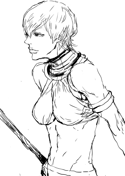 armlet bare_shoulders crop_top elena_(street_fighter) greyscale jewelry lips mahito_(tranjistor) monochrome neck_ring short_hair sketch solo staff street_fighter street_fighter_iii_(series) toned