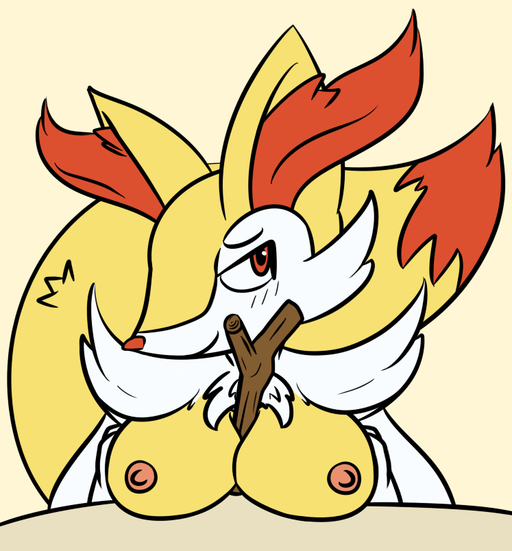 big_breasts blush braixen breasts canine female fennec fox looking_at_viewer mammal nintendo nipples pink_nipples pok&#233;mon pok&eacute;mon red_eyes solo stick unknown_artist video_games