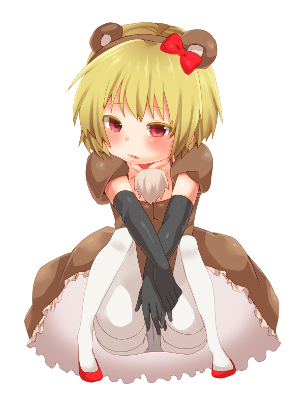 animal_ears bad_id bad_pixiv_id bear_ears blonde_hair bow collarbone dress elbow_gloves fake_animal_ears frills full_body gloves hairband higurashi_no_naku_koro_ni houjou_satoko pantyhose parted_lips puffy_sleeves red_eyes red_footwear satou_yuu shoes short_hair short_sleeves simple_background sitting solo white_background white_legwear