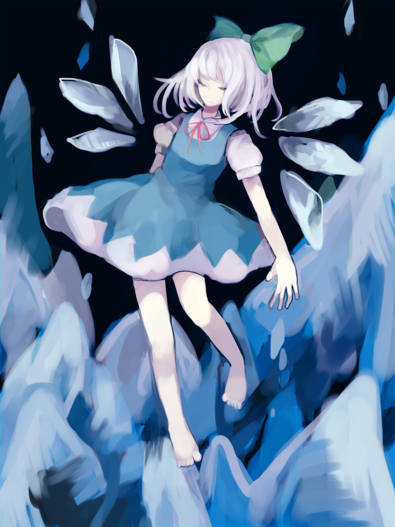 bad_id bad_pixiv_id bare_legs barefoot blue_skirt bow cirno closed_eyes detached_wings fairy hair_bow ice ice_wings shirt short_hair short_sleeves skirt solo touhou white_hair white_shirt wings yxyx_ika