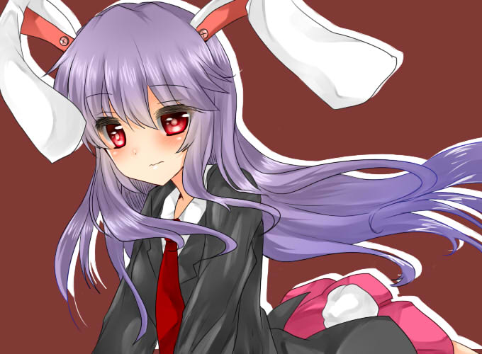 all_fours animal_ears arched_back bad_id bad_pixiv_id blazer blush bunny_ears bunny_tail collared_shirt dress_shirt jacket koyashaka long_hair looking_at_viewer necktie pink_skirt pleated_skirt purple_hair red_eyes red_neckwear reisen_udongein_inaba shirt skirt solo tail touhou wavy_mouth white_shirt