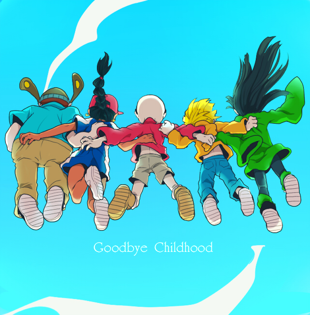 3boys abigail_lincoln bald black_hair blonde_hair blue_background blue_sky braid brown_hair clod codename:_kids_next_door commentary_request dark_skin earrings english everyone falling floating_hair from_behind from_below full_body hat hogarth_pennywhistle_gilligan_jr. hood hoodie jewelry jumping kuki_sanban long_hair long_sleeves multiple_boys multiple_girls nigel_uno shirt_grab shorts sky sleeves_past_wrists sunglasses sweater t_k_g very_long_hair wallabee_beetles