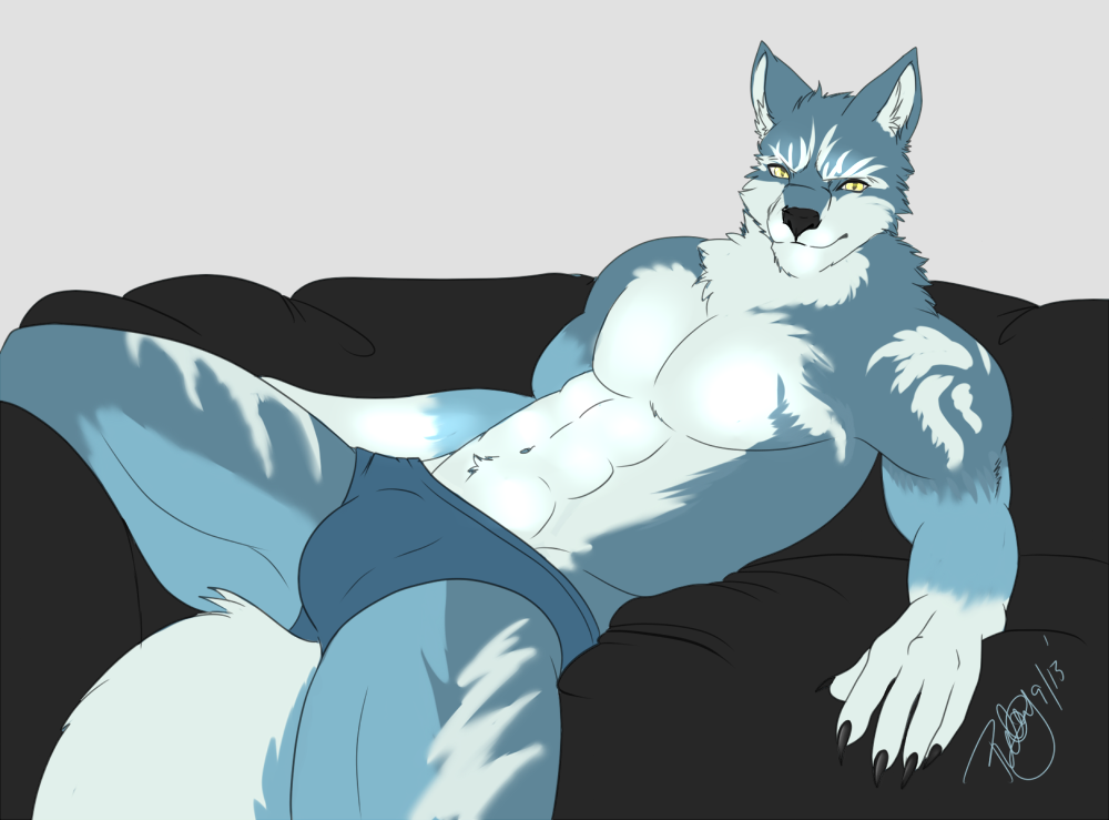 abs anthro biceps big_muscles black_nose blue_fur bulge canine claws fur looking_at_viewer lying male mammal muscles on_back pecs pose reclining rielity solo spread_legs spreading topless underwear white_fur wolf yellow_eyes